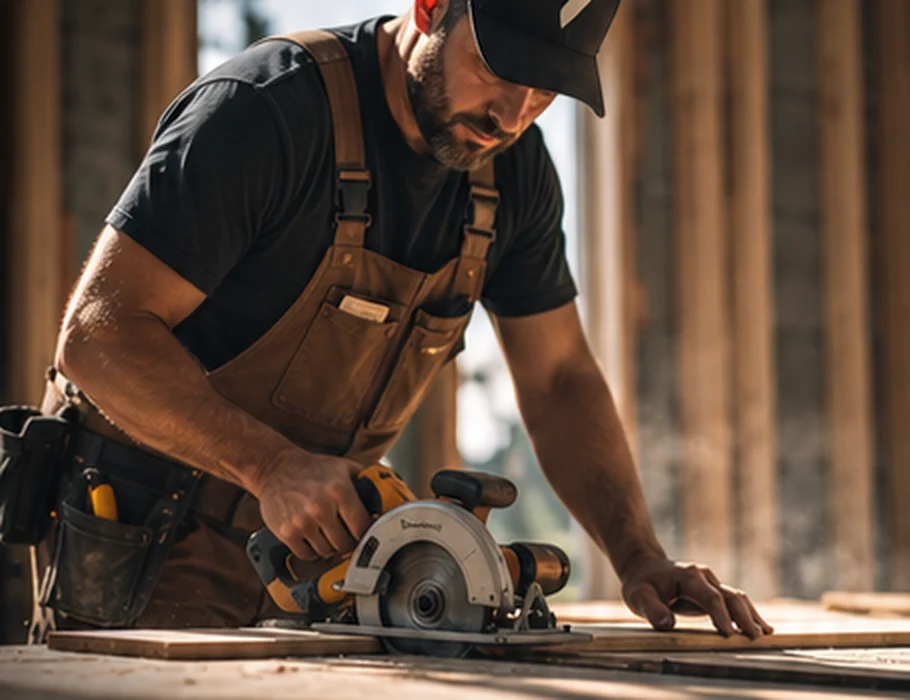 Contractor cutting wood with a circular saw on a job site
