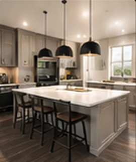 Finished kitchen remodel with island and pendant lights