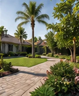 Landscaped garden path with palm trees